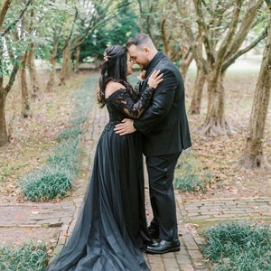 Rachael Black Lace Gothic Wedding Dress: V-Neck Bridal Gown with Slit