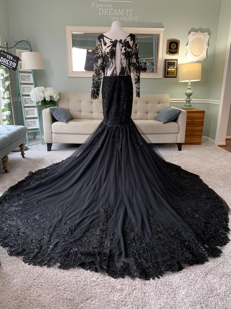 Gothic Black Lace Wedding Dress Carol Custom Black Wedding Dress: Floral  Lace, Illusion Train, Gothic V-