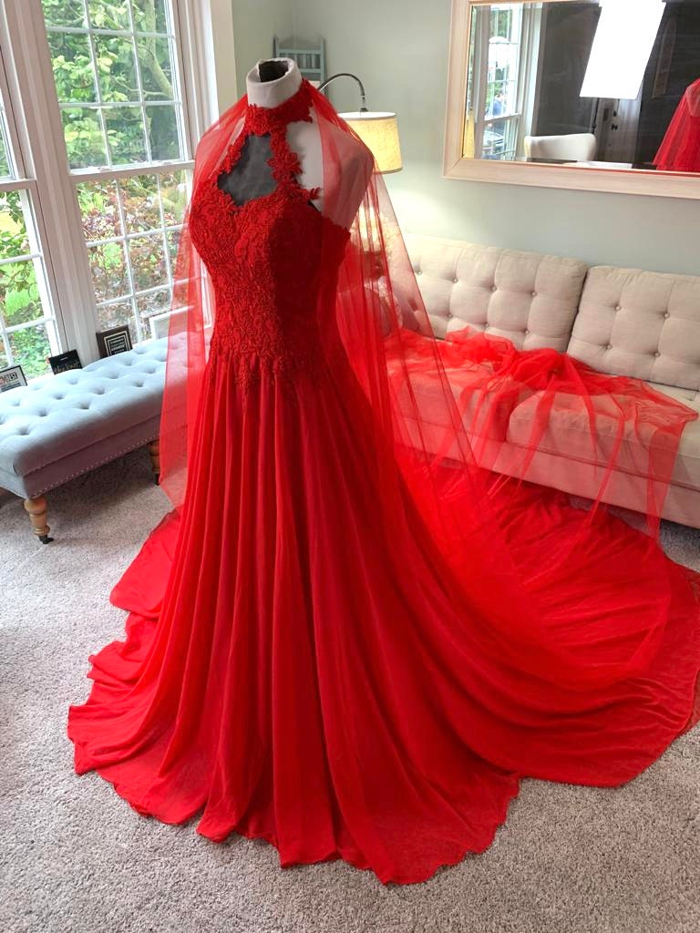 Becca Red Lace Halter Wedding Dress with Chapel Cape: Gothic Alternative Bridal Gown