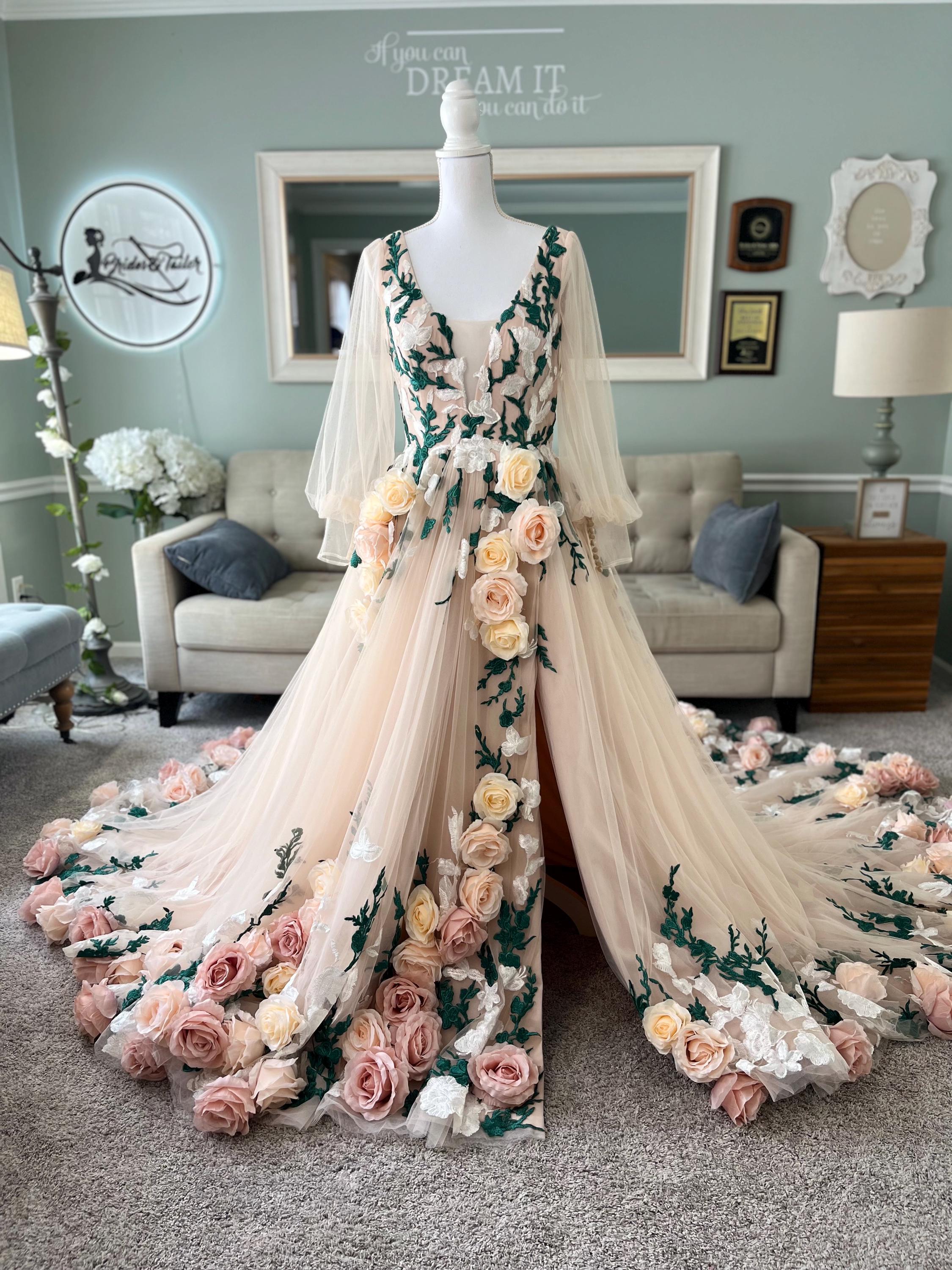 Courtney Champagne Wedding Dress: Custom 3D Floral Garden Gown Courtney Champagne Wedding Dress: Custom 3D Floral Garden Gown