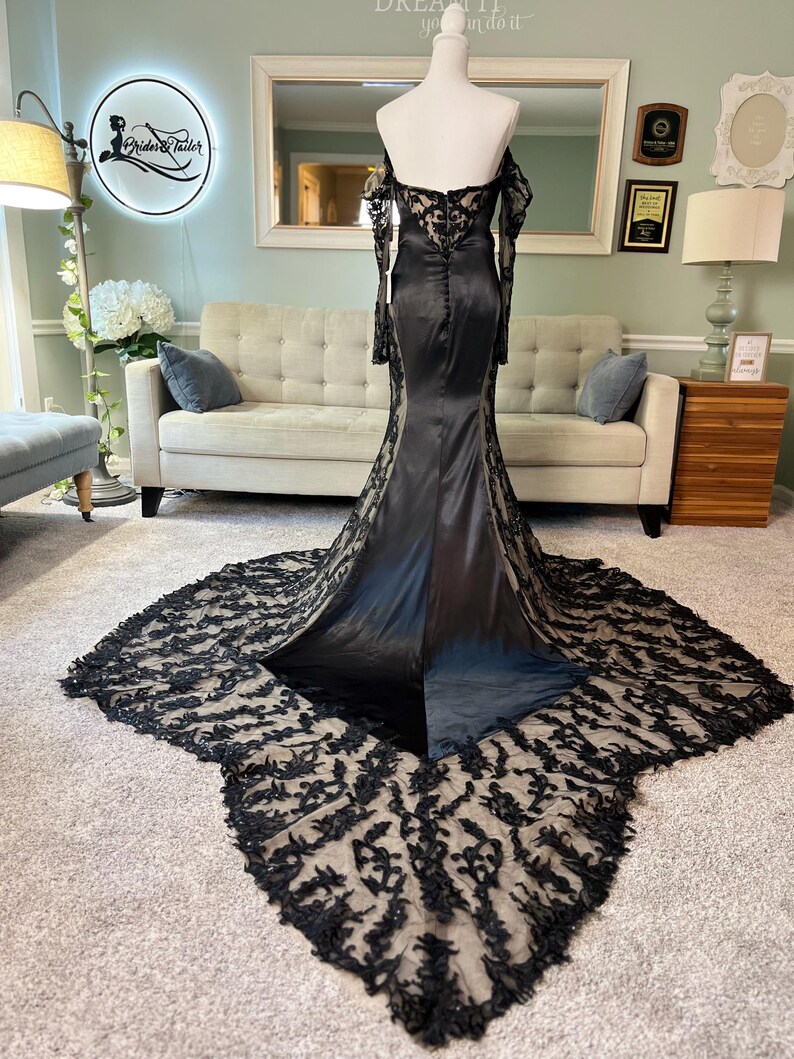 Kourtney Black Gothic Wedding Dress With Lace Train, Satin Fit and ...