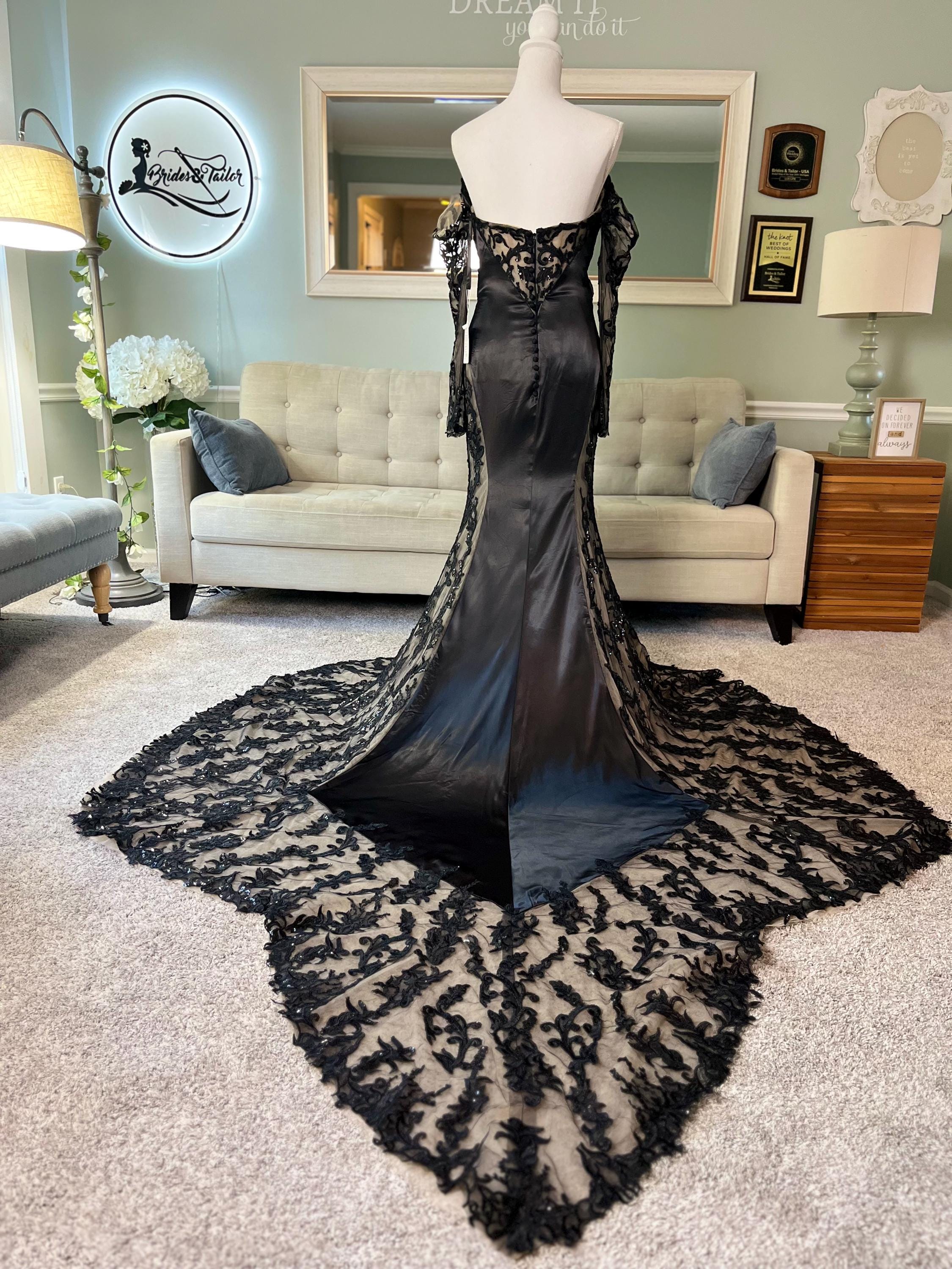 Kourtney Black Gothic Wedding Dress With Lace Train, Satin Fit and ...