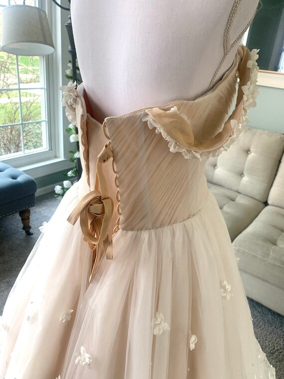Elisabeth Champagne A-Line Wedding Dress: 3D Floral Lace, Custom Bridal Gown