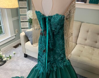 Brittany Custom Teal Wedding Dress: Gothic Black Lace, Illusion Sleeves