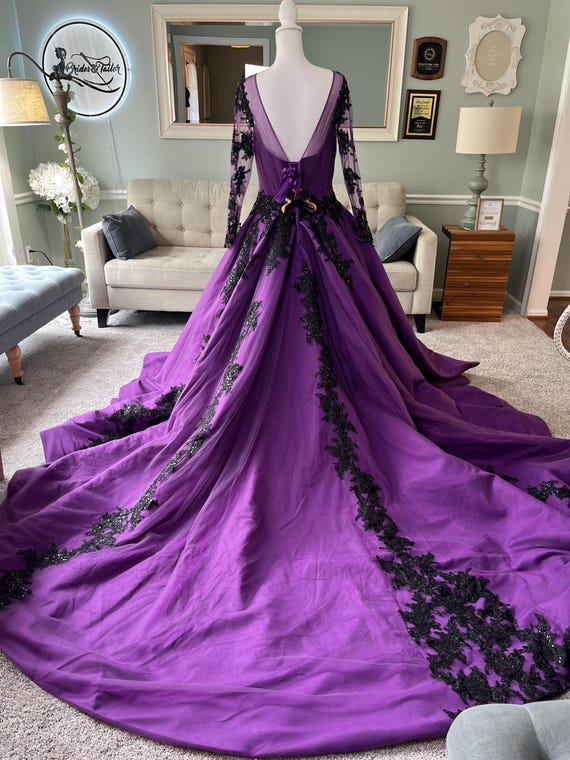 Bianca Purple Gothic Wedding Dress with Black Lace & Illusion Sleeves Bianca Purple Gothic Wedding Dress with Black Lace & Illusion Sleeves