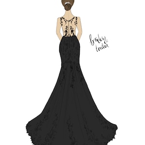 May include: A black lace wedding dress with a sheer back and a long train. The dress is fitted and has a mermaid silhouette. The text "bridal tailor" is written in black ink on the right side of the image.