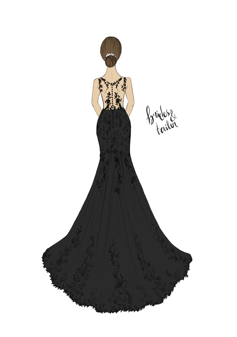 May include: A black lace wedding dress with a sheer back and a long train. The dress is fitted and has a mermaid silhouette. The text "bridal tailor" is written in black ink on the right side of the image.