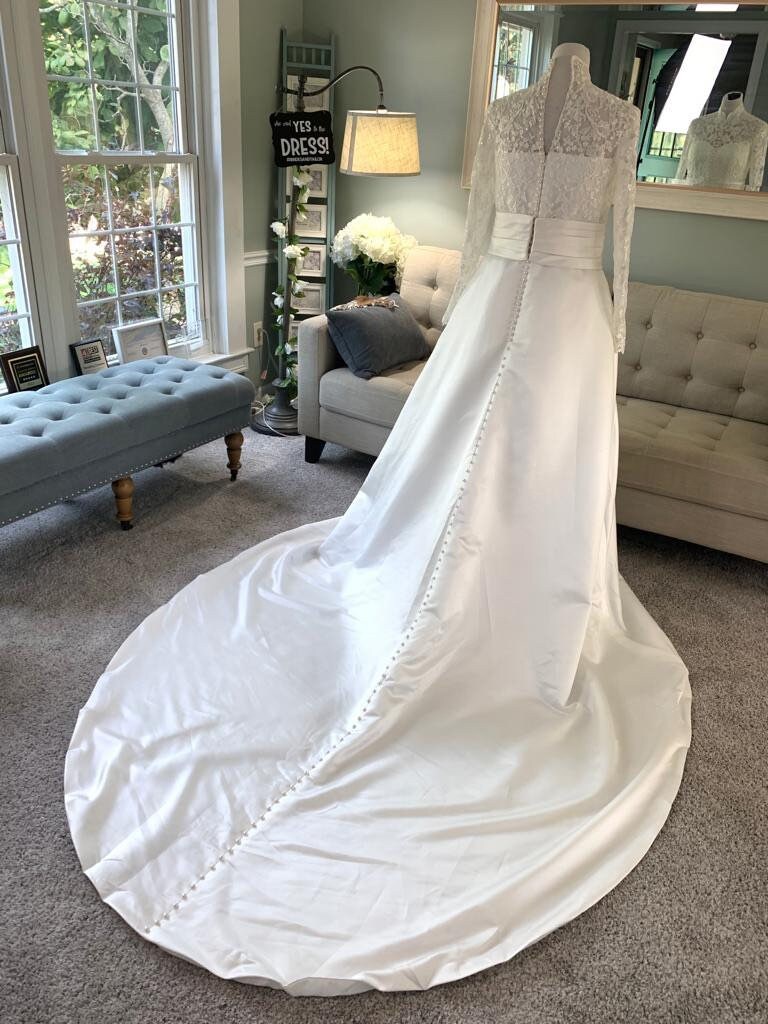 ivory lace cap sleeve dress Floral Lace Illusion Sleeve Plunging A-Line Wedding Dress