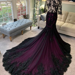 Black and Purple Wedding Dress With Illusion Sleeves, Black Wedding ...