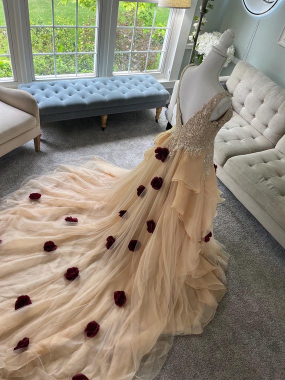 Emilie Floral Champagne Wedding Dress with Burgundy Roses | V-Neck Ruffle Skirt Bridal Gown | Custom Romantic Gown by Brides & Tailor