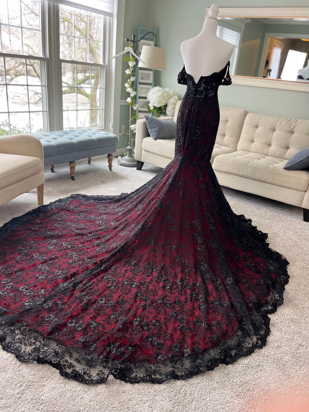 Amber Gothic Black and Dark Red Mermaid Wedding Dress With Cape