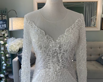Ella Hand Beaded Wedding Dress: Illusion Back, 3D Floral Lace