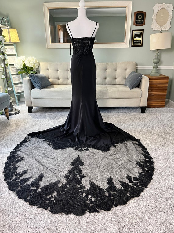 Rakayla Custom Black Wedding Dress: Sheer Bodice, Floral Lace Applique, Illusion Train