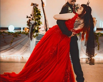 Breanna Red Wedding dress, Red Sparkly ALine Wedding Dress with pockets , Gothic Wedding Dress, Halloween Wedding Dress