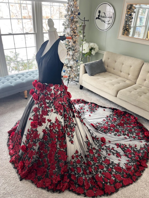Jennifer Black and Red Wedding Dress with 3D Flowers, Gothic Floral Bridal Gown, Halter Neck Alternative Bride Dress, Custom Made