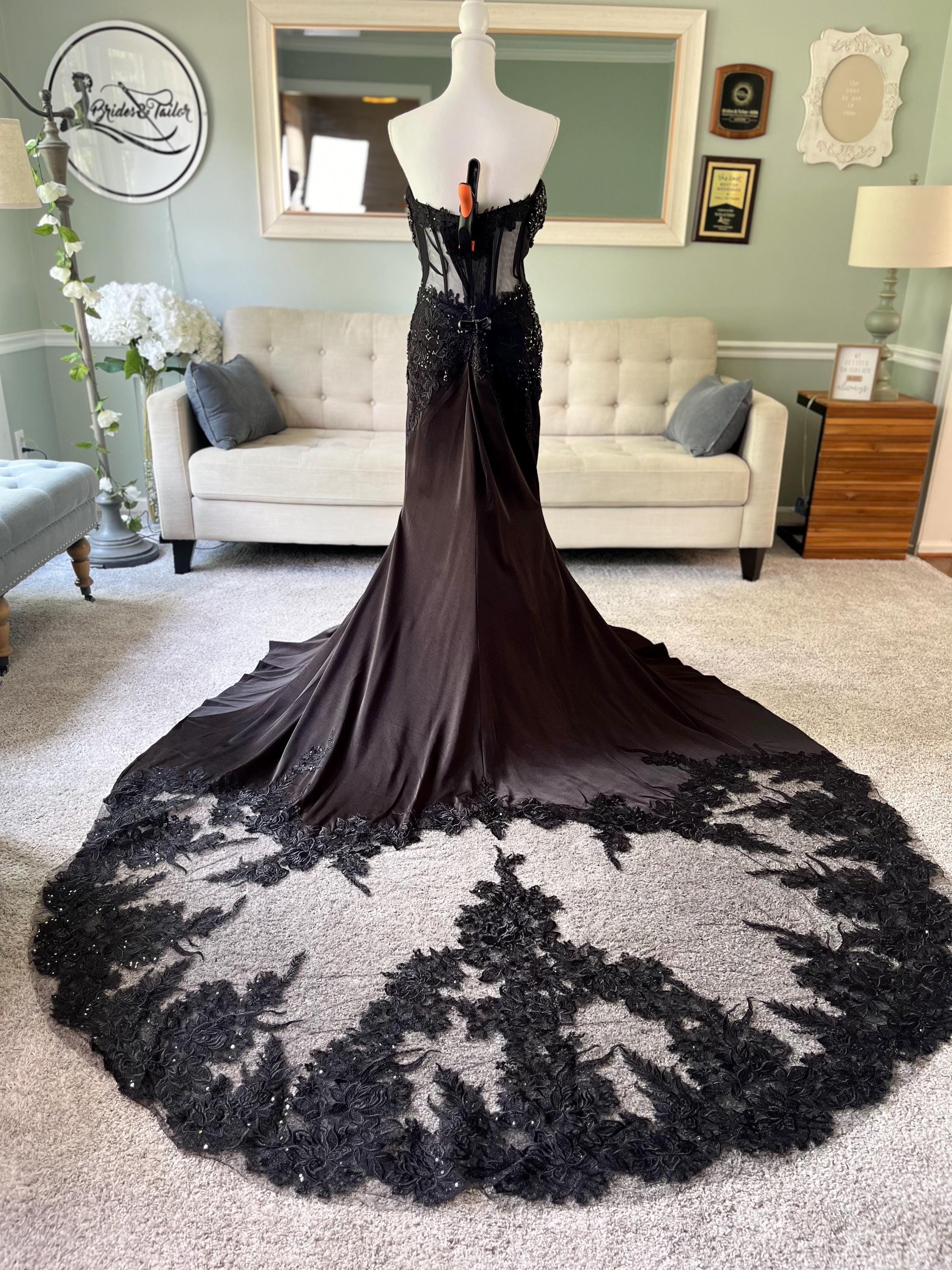 black fit and flare wedding dress Black Lace 2-in-1 Mermaid Wedding Dress with Detachable Sleeves  BK108   Viniodress