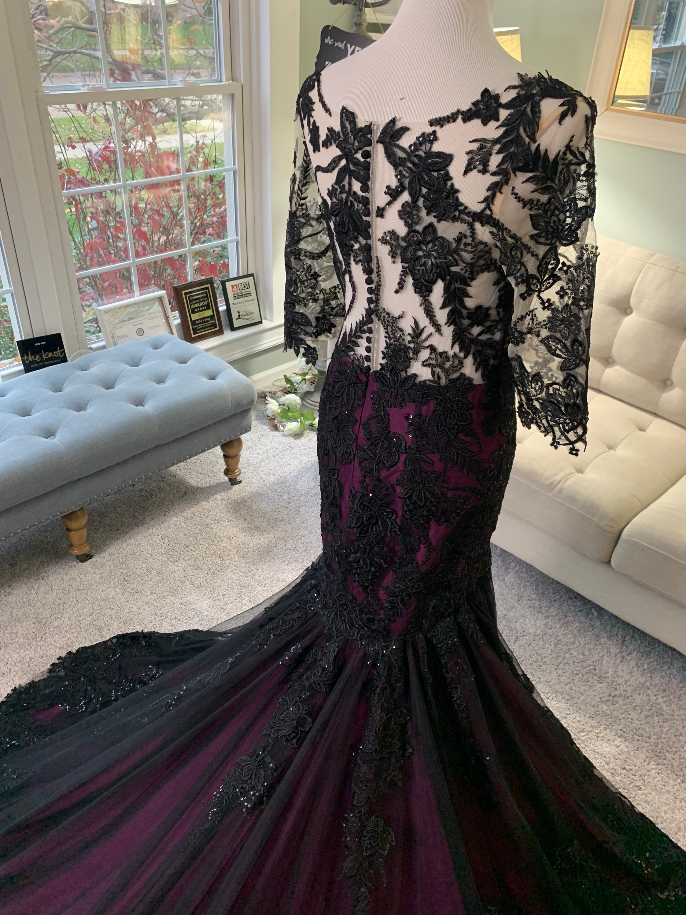 Jessica Black Lace Wedding Dress: Purple Trumpet Gown with Illusion Sleeves