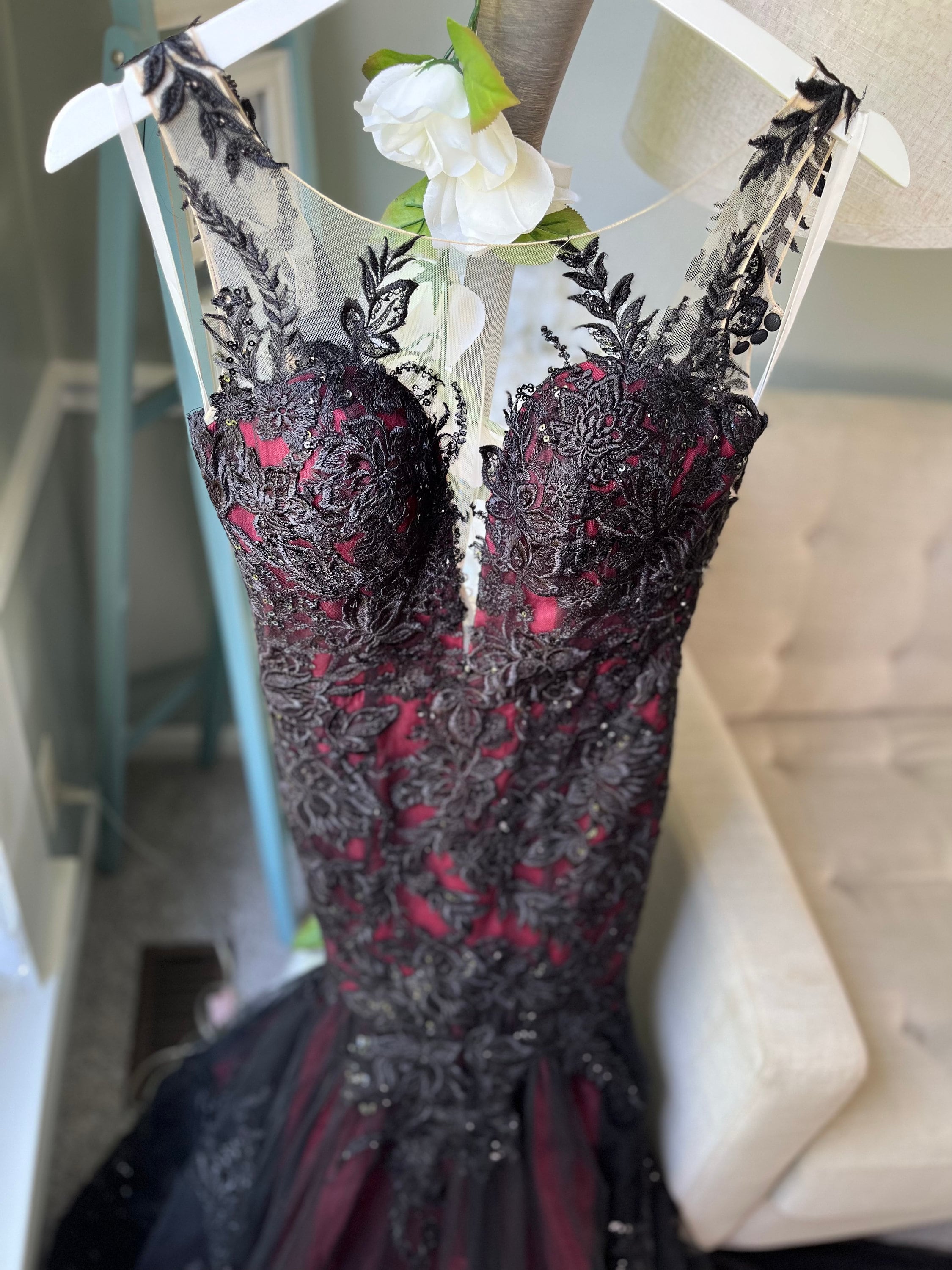 Krista Black and Dark Red Wedding Dress Gothic Wedding Dress Trumpet Black Dress Black Lace Wedding Dress Illusion Back Wedding Dress Etsy UK