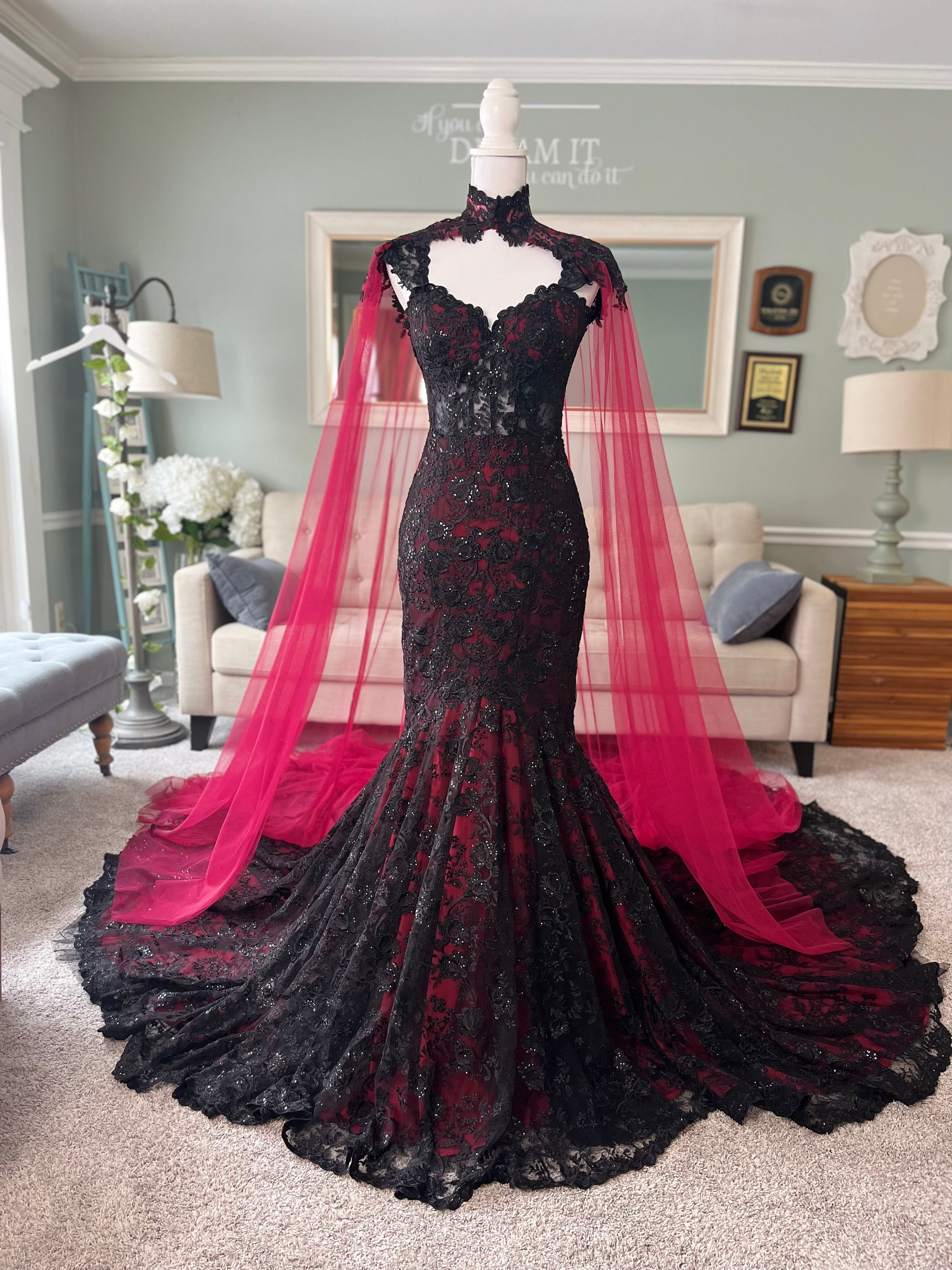 Amber Gothic Black and Dark Red Wedding Dress With Cape Gothic Dark Red Mermaid Trumpet Wedding Dress See Through Black Red Gown Etsy