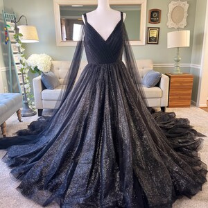 Katelynn Black Bling Wedding Dress with Shoulder Cape Veil , Custom Black Wedding Dress , Custom Wedding Dress with Bling, Black Dress