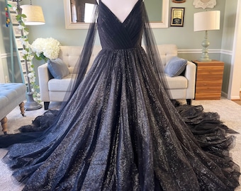 Katelynn Black Bling Wedding Dress with Shoulder Cape Veil , Custom Black Wedding Dress , Custom Wedding Dress with Bling, Black Dress