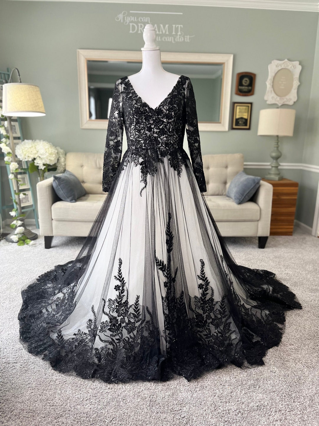 Lita Black Lace Wedding Dress: Ivory Gown With Illusion Sleeves