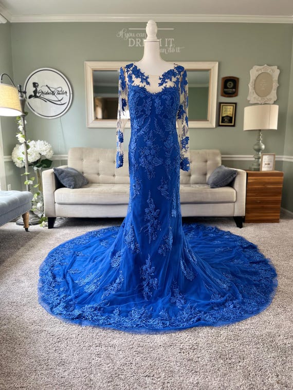 royal blue wedding dress with sleeves Jasmine Lace Sleeves, Illusion Back Bridal Gown, Blue Fit and Flare Dress, Custom Colored Wedding Dress Dress Length_Midi giving coverage while still Funko Pop! DC Heroes Color:Canvas