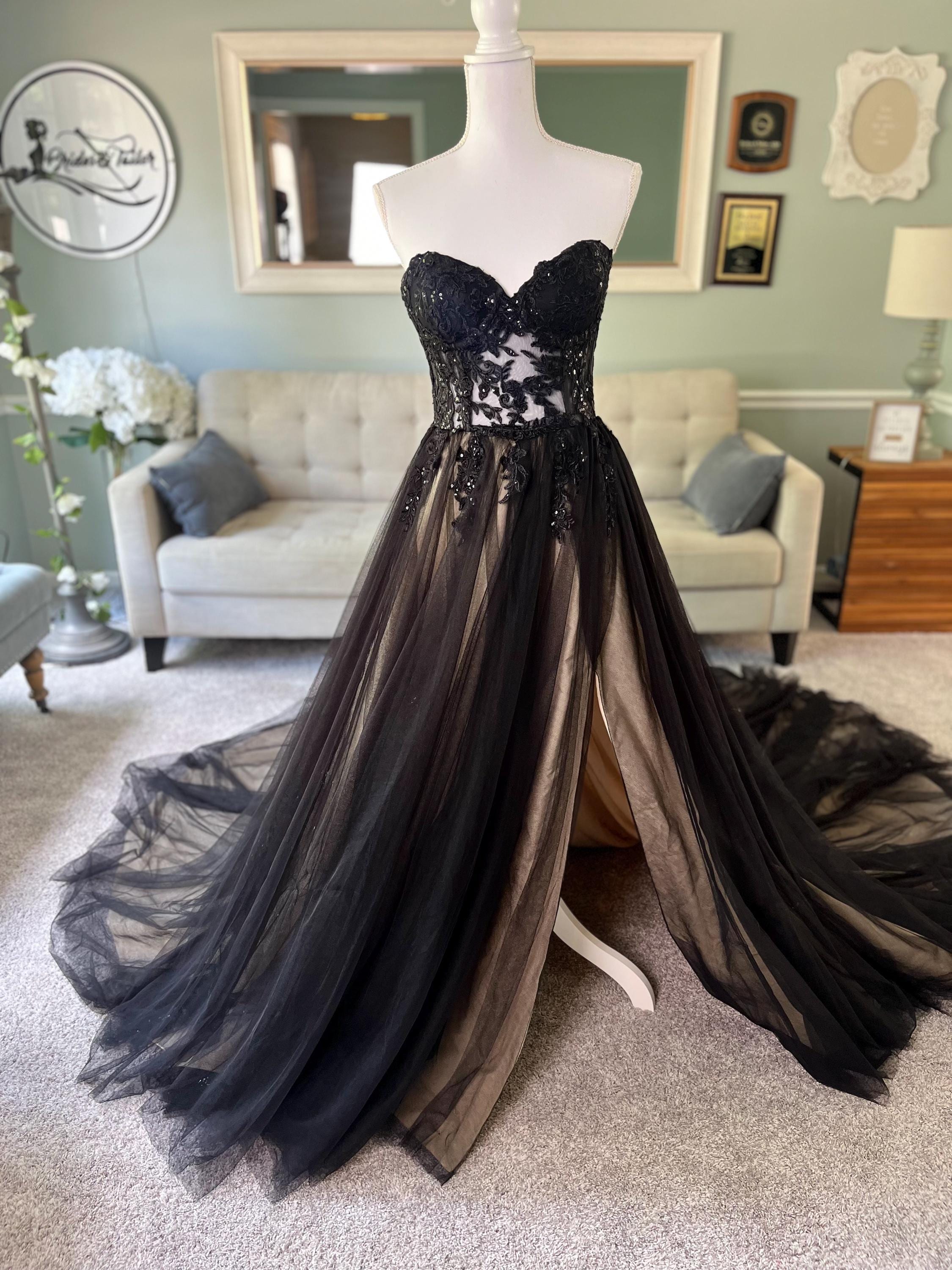 Lissette Champagne & Black Ombre Wedding Dress: Gothic Lace Gown