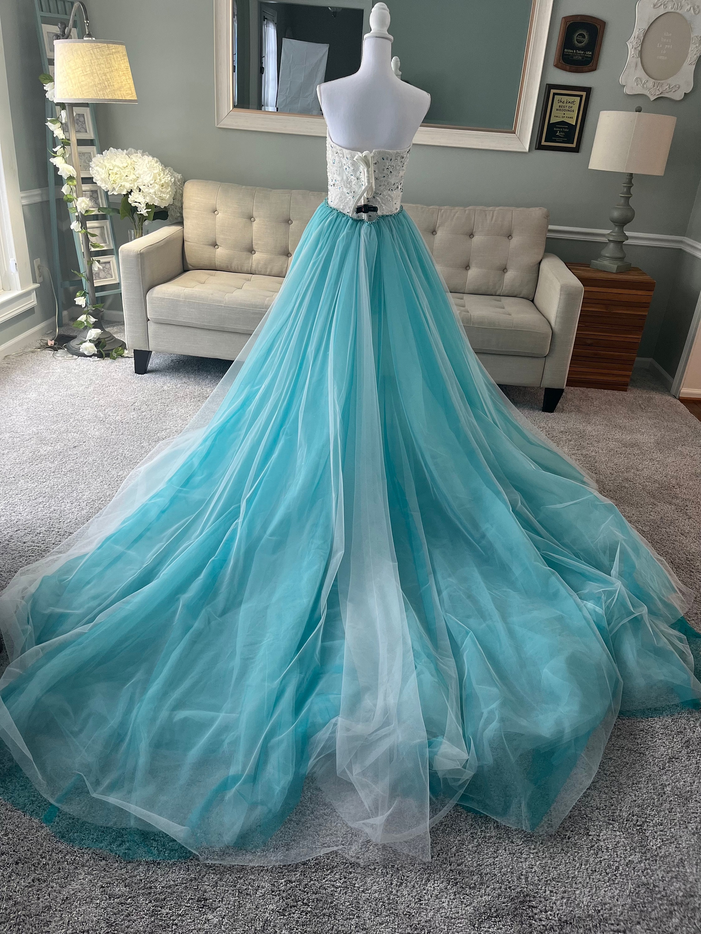 Elisa 2-in-1 Wedding Dress: Teal Blue Bridal Gown with Removable Train