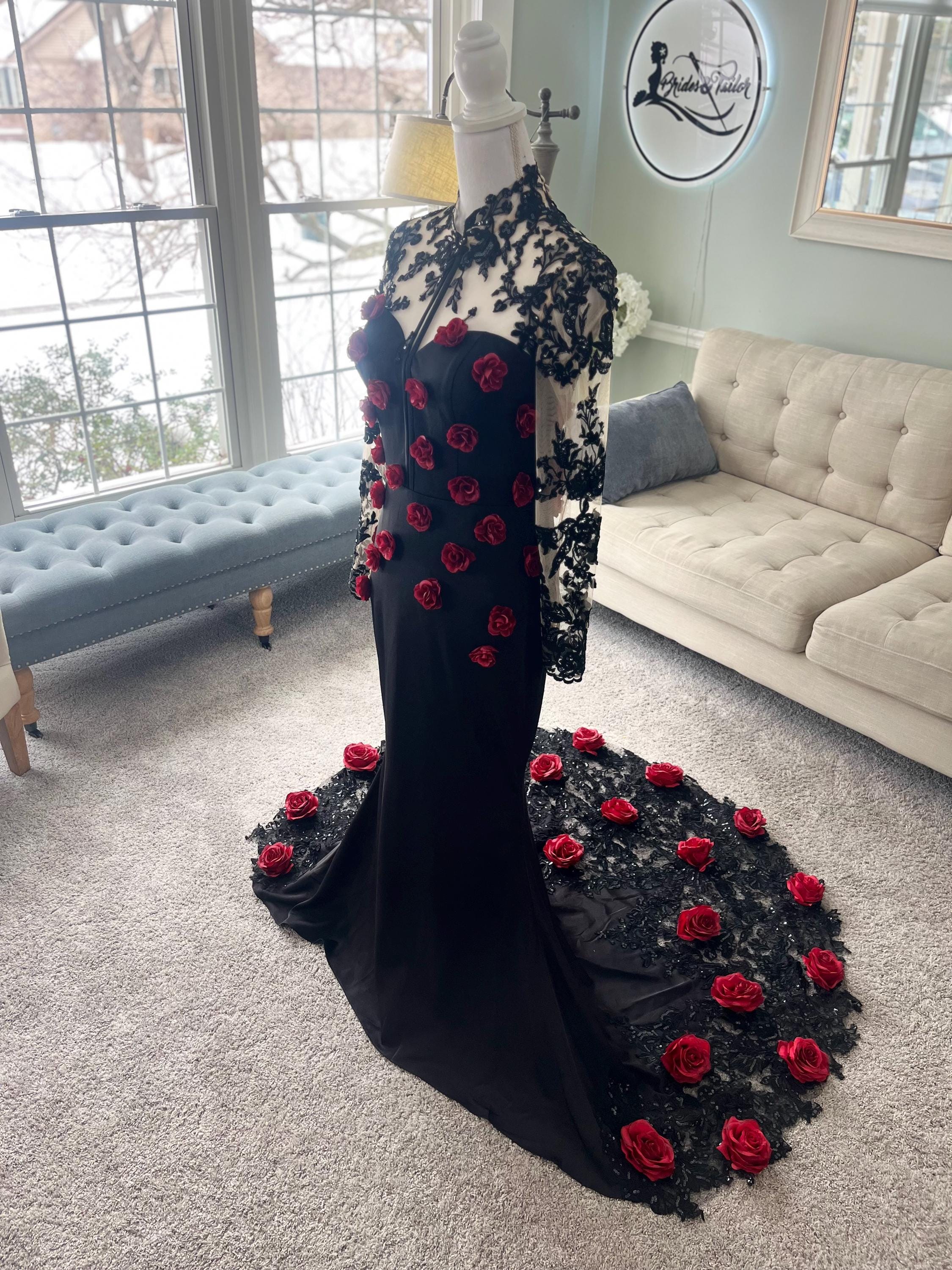 Lacey Black Gothic Wedding Dress With Red 3D Roses, Illusion Lace Long ...