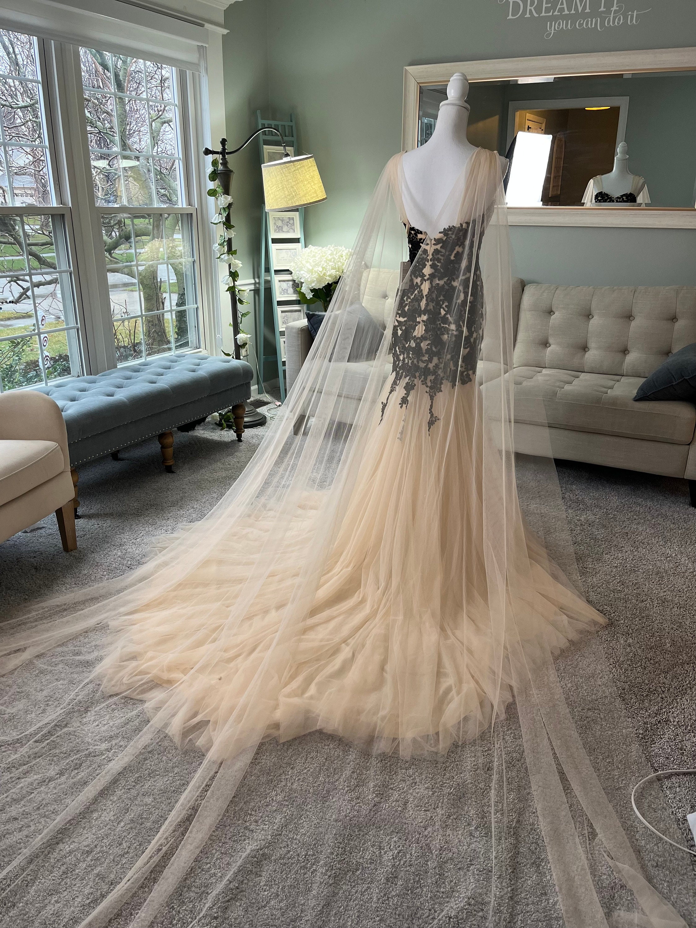 Bridget Black Lace Champagne Wedding Dress: Trumpet Mermaid Gown with Cape Veil Bridget Black Lace Champagne Wedding Dress: Trumpet Mermaid Gown with Cape Veil