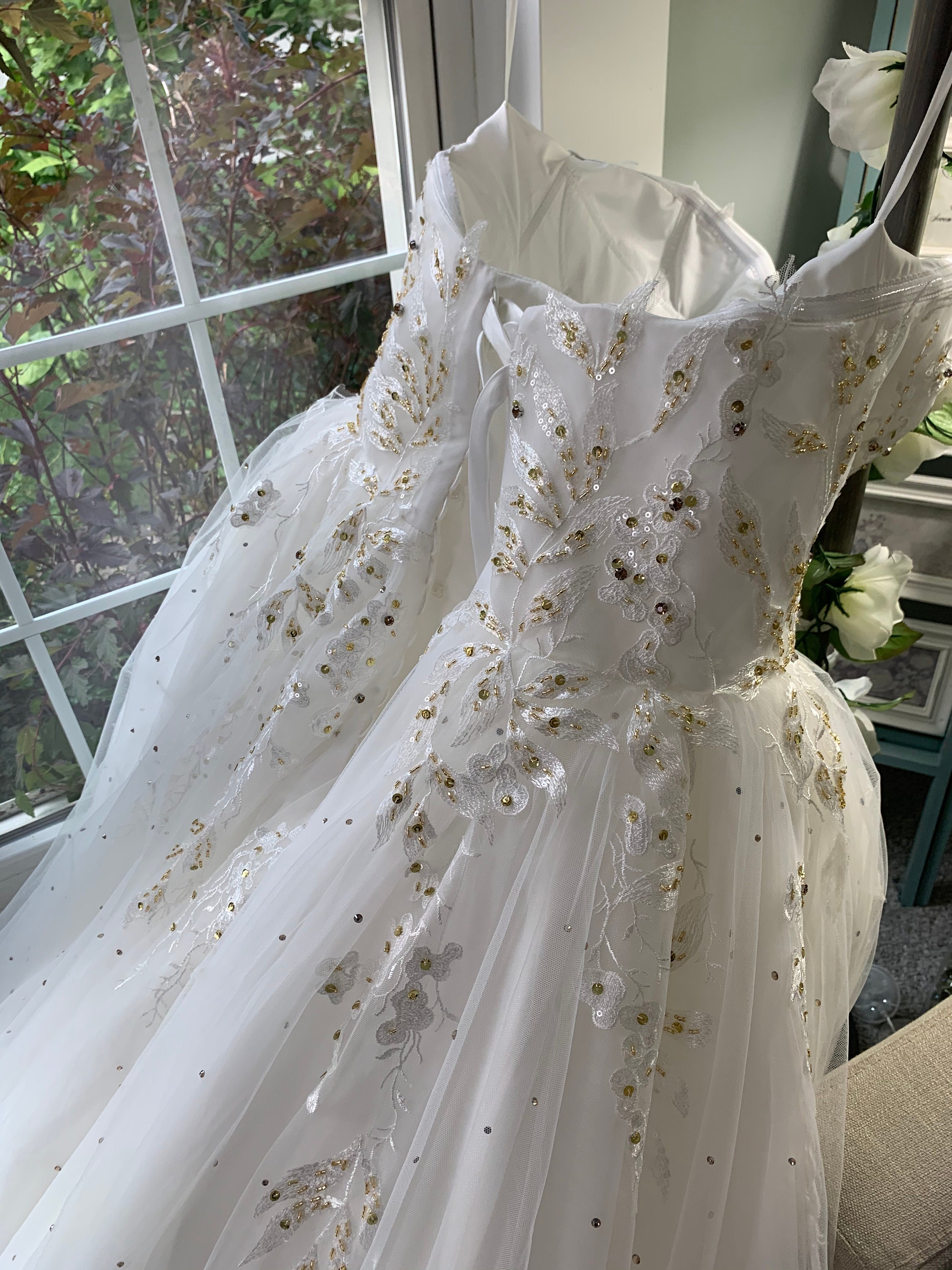 Kim Ivory and Gold Wedding Dress with Removable Lace Cape - Custom 'Kim' Design