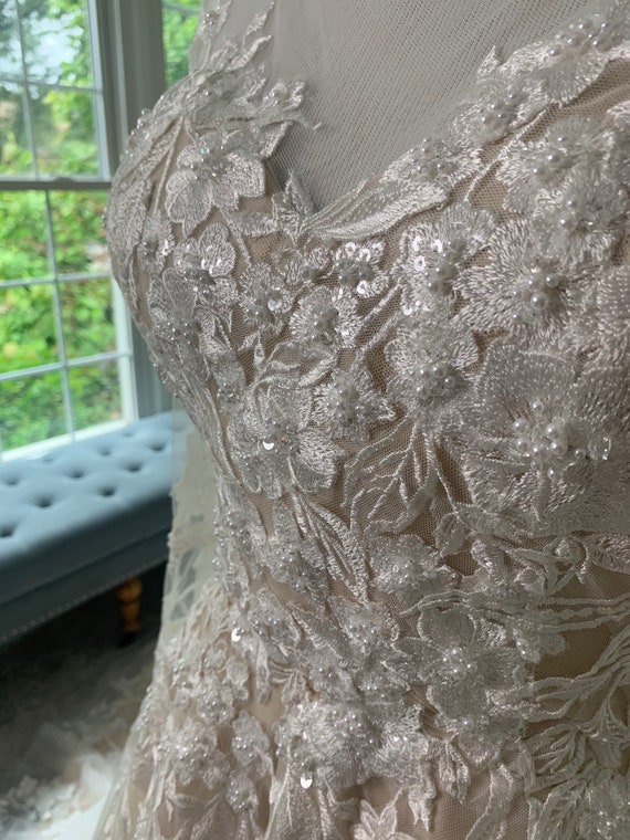 Neda Champagne Wedding Dress: Ivory Floral Lace, Illusion Sleeves, Custom Gown