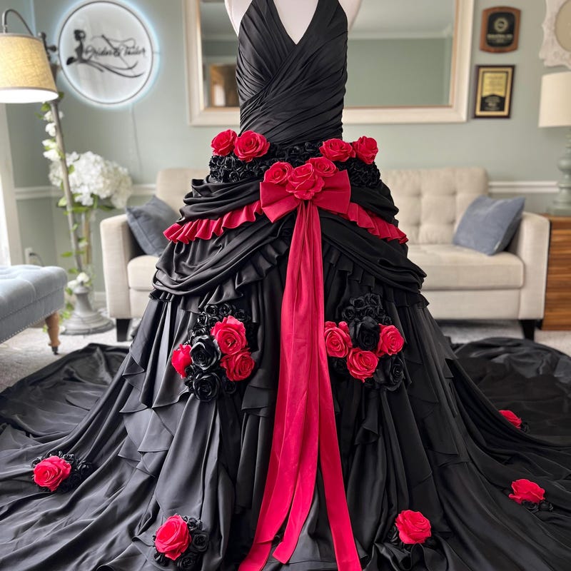Gothic Victorian Wedding Dress, Pleated Floral Rose 3D Custom Black Burgundy Gown