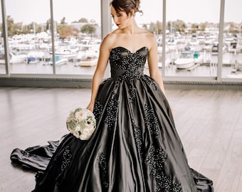 Black Wedding Dress with beading by Brides & Tailor, Gothic Wedding Dress, Black Ballgown, Custom Black Ballgown
