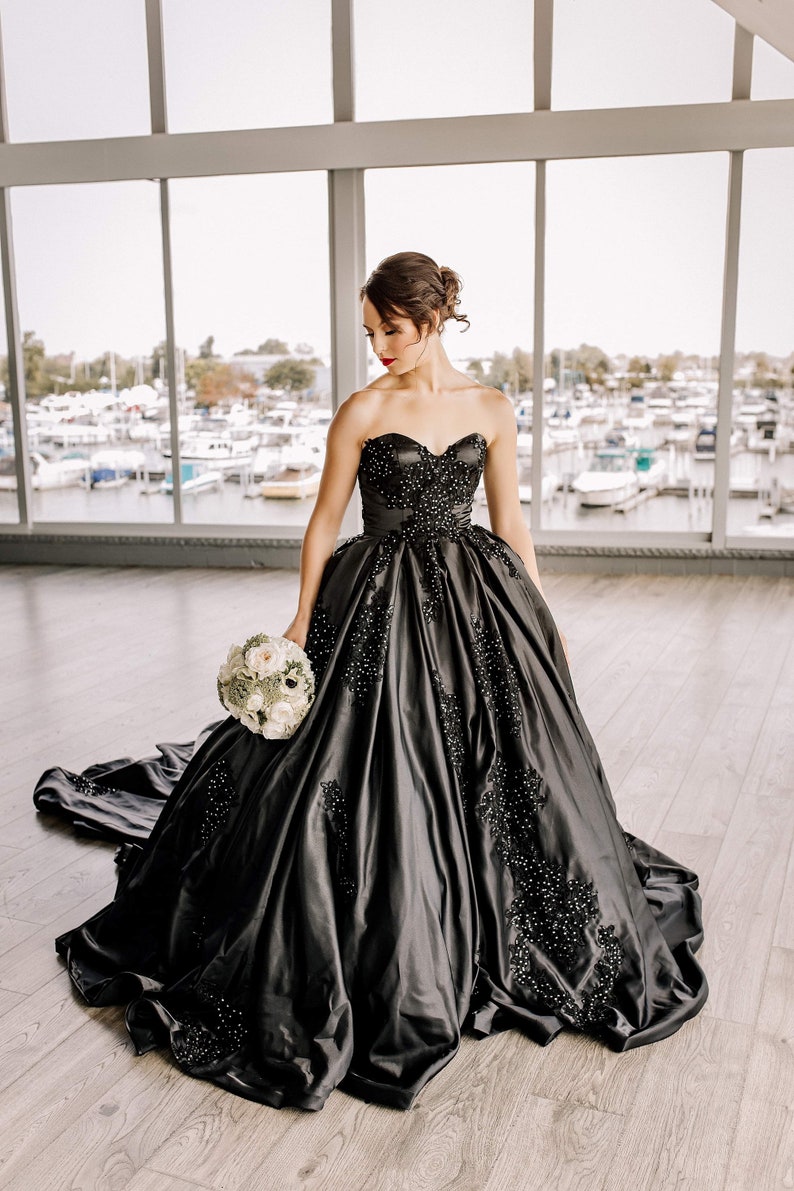 Black Wedding Dress with beading by Brides & Tailor, Gothic Wedding Dress, Black Ballgown, Custom Black Ballgown image 1