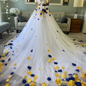 Kristen Yellow and Blue 3D Wedding dress, Colored A-Line Wedding Dress with 3D flowers, Disney Wedding Dress , Floral wedding dress