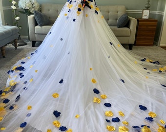 Kristen Yellow and Blue 3D Wedding dress, Colored A-Line Wedding Dress with 3D flowers, Disney Wedding Dress , Floral wedding dress