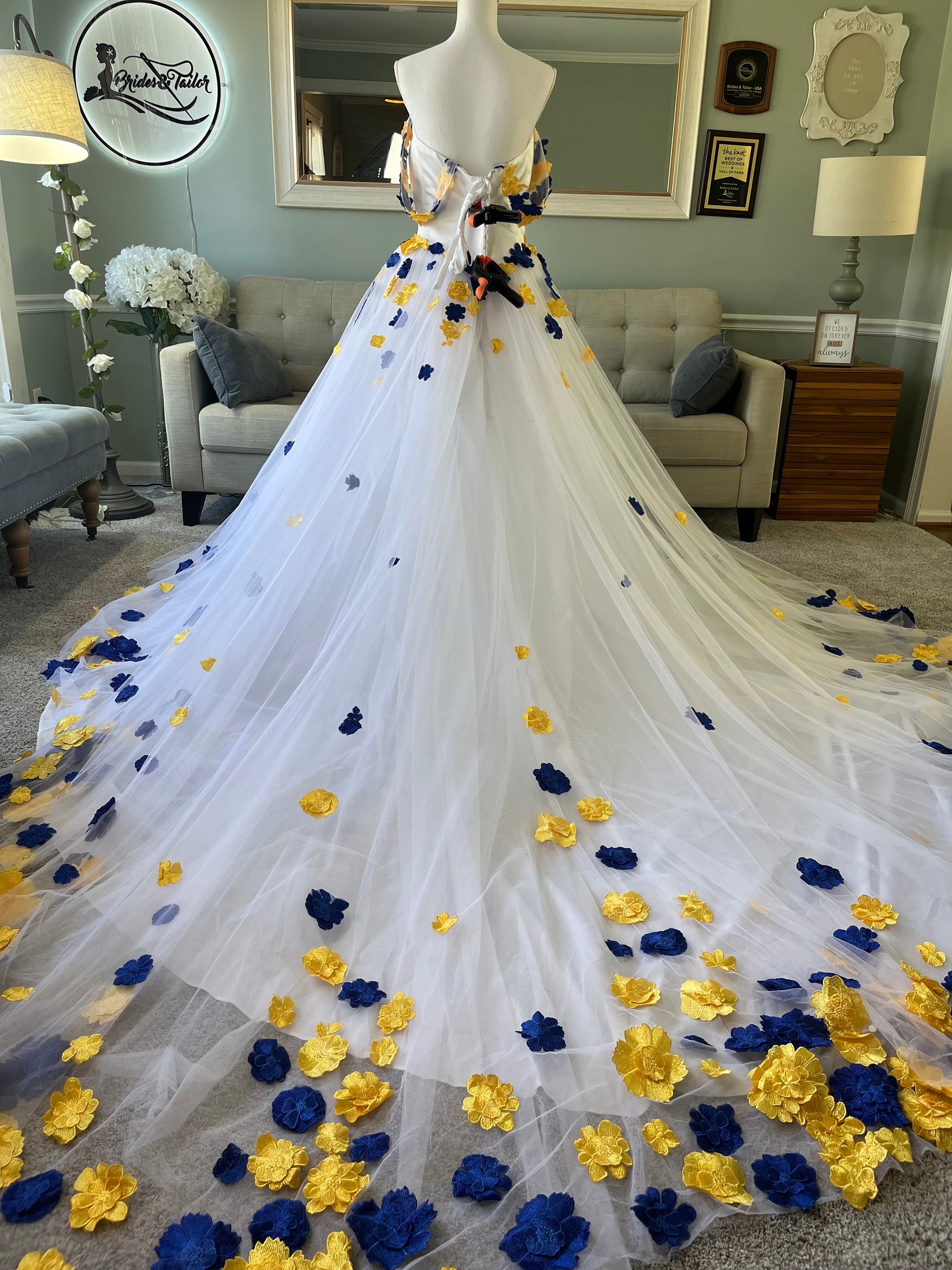 Kristen 3D Floral Wedding Dress: Yellow & Blue A-Line Tulle Gown