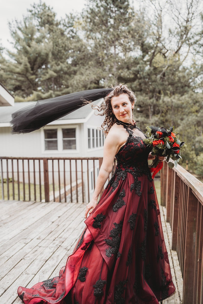 Tarah Burgundy and Black Wedding Dress, Wine Red Wedding Dress,Halloween Wedding Dress,Gothic Wedding Dress, Custom Black Wedding Dress image 2