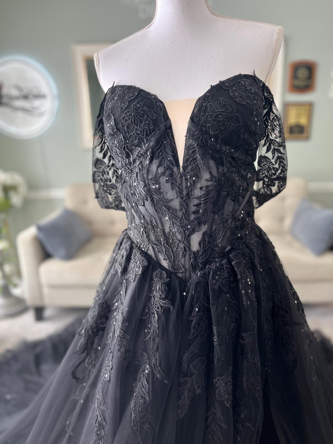 Rachelle Black Gothic Wedding Dress, off Shoulder Lace Bridal Gown ...
