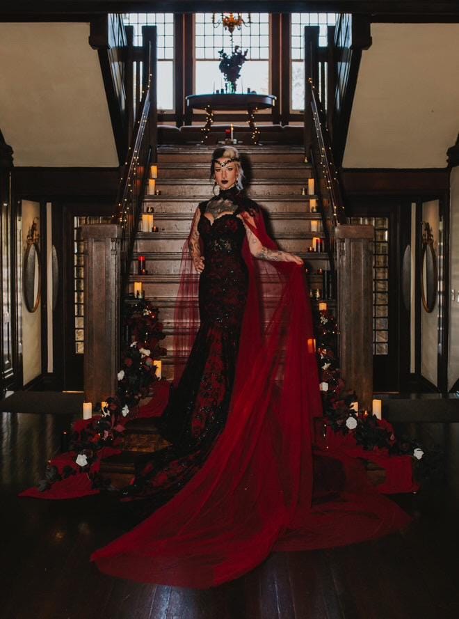 Amber Gothic Black and Dark Red Mermaid Wedding Dress With Cape