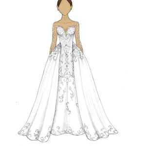 May include: A hand-drawn illustration of a wedding dress with a removable train. The dress has a fitted bodice with long sleeves and a full skirt. The skirt has a delicate lace pattern. The caption reads "Front with the removable train" and "#weddinginspo #bridetobe".