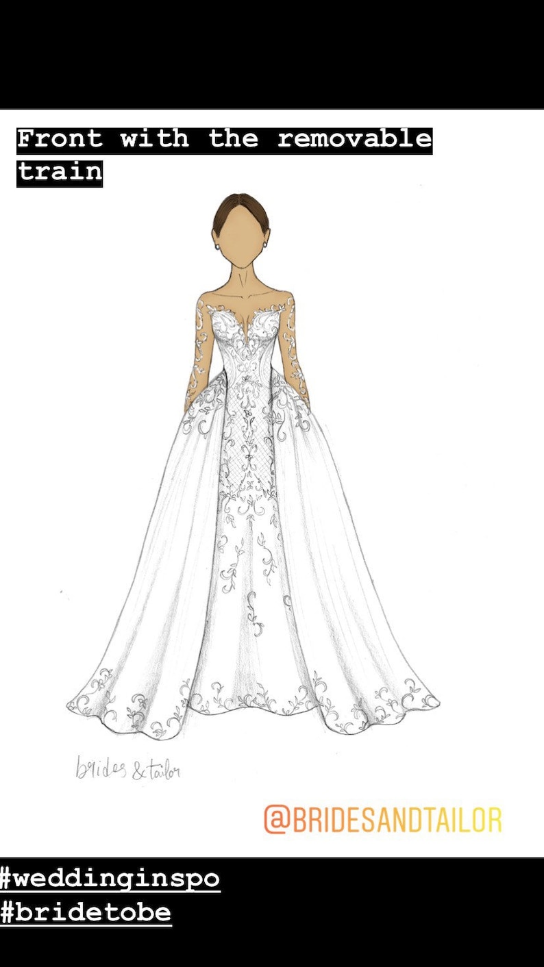 May include: A hand-drawn illustration of a wedding dress with a removable train. The dress has a fitted bodice with long sleeves and a full skirt. The skirt has a delicate lace pattern. The caption reads "Front with the removable train" and "#weddinginspo #bridetobe".