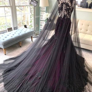 Black and Purple Wedding Dress With Cape , Black Wedding Dress With ...