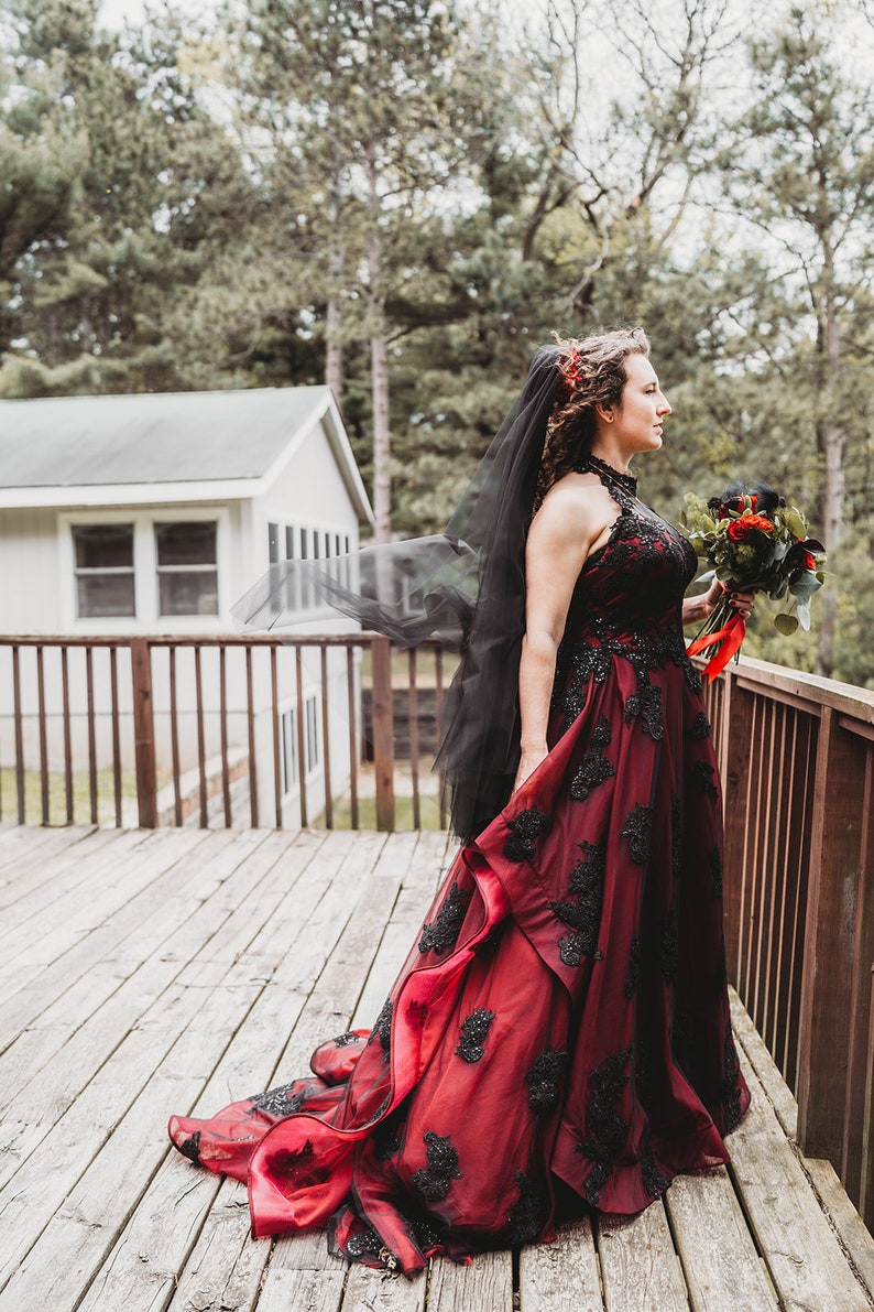 Tarah Burgundy and Black Wedding Dress, Wine Red Wedding Dress,Halloween Wedding Dress,Gothic Wedding Dress, Custom Black Wedding Dress image 9