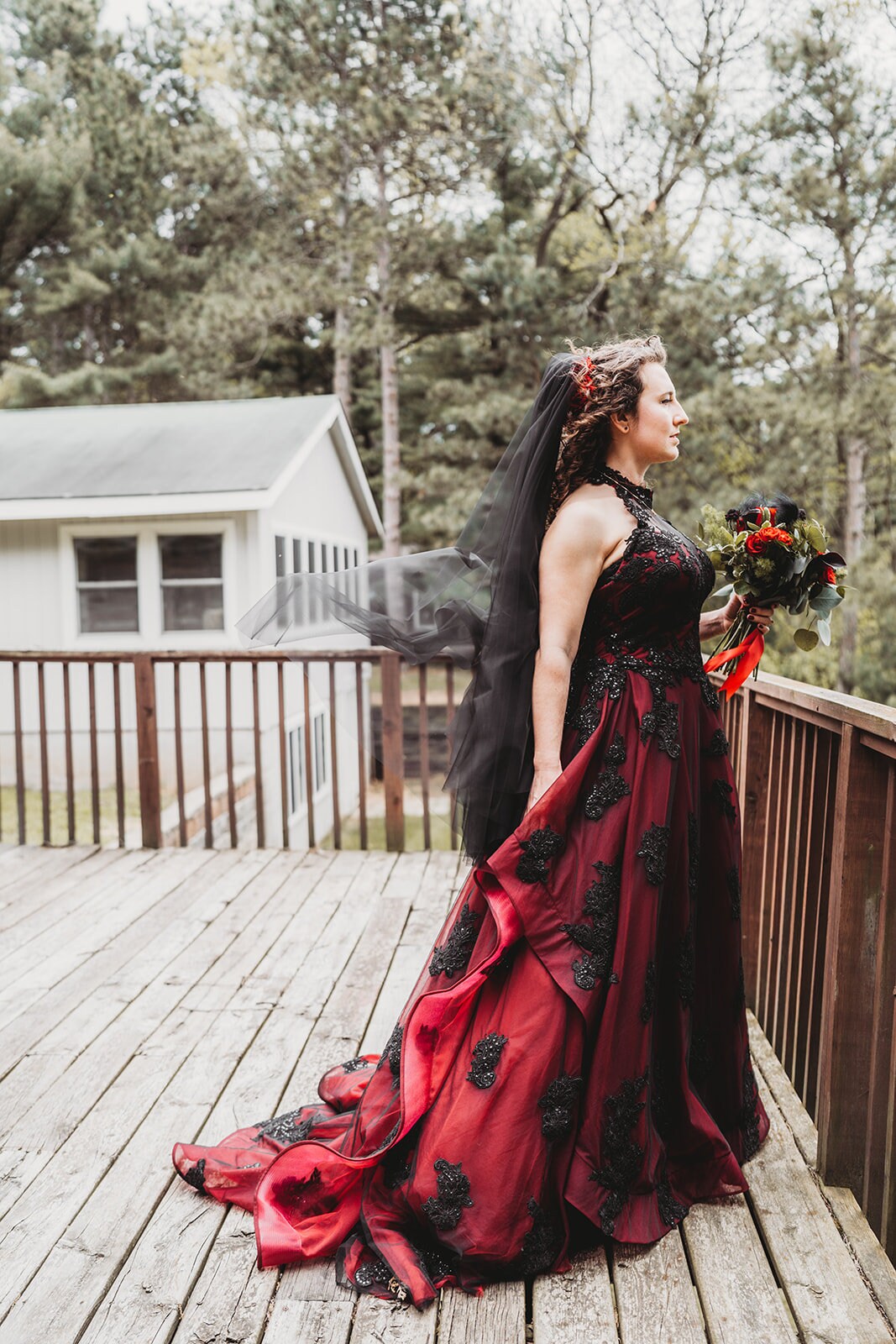 Tarah Burgundy and Black Gothic Wedding Dress: Halter Neck Lace Tarah Burgundy and Black Gothic Wedding Dress: Halter Neck Lace