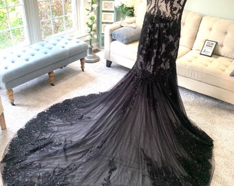 Wesley Black and Silver Wedding Dress, Gothic Wedding Dress, Trumpet Black Dress, Black Lace Wedding Dress, Illusion Back Wedding Dress