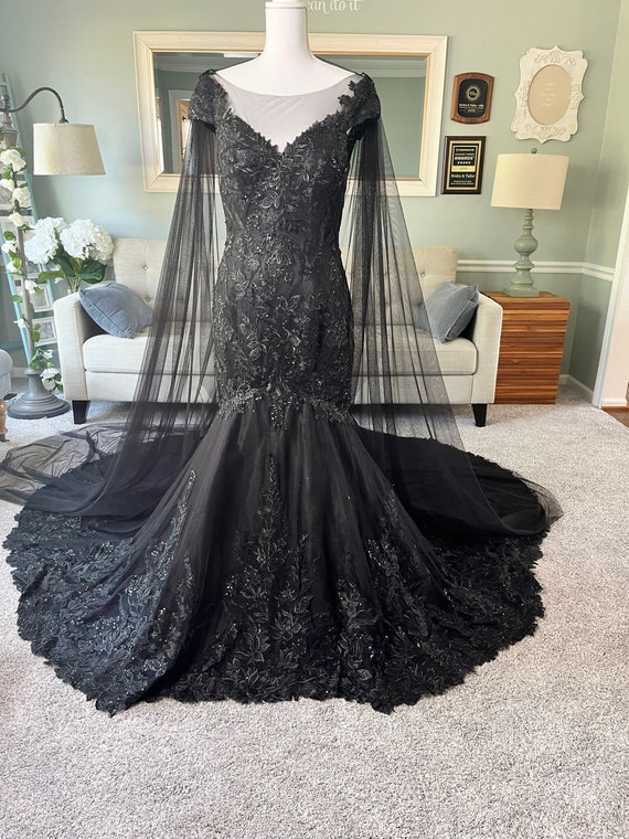 Jess Black Trumpet Wedding Dress With Cape halloween Wedding Dress Trumpet Black Dress With Cape Brides Tailor Black Wedding Dress Etsy UK