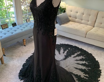 Tara E Black Wedding dress, A-Line Black Wedding Dress, Gothic Wedding Dress, Black Bridal Gown,V neckline wedding dress